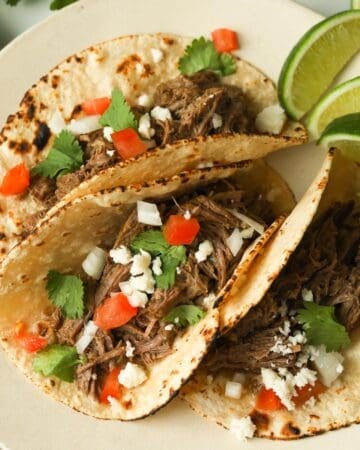 Shredded beef tacos garnished with tomatoes, onion, cheese, and cilantro.