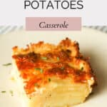 Slice of scalloped potatoes garnished with thyme