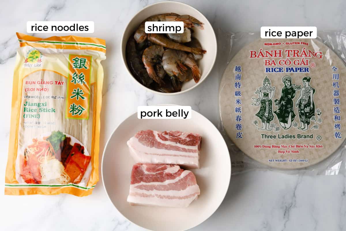 Ingredients: rice noodles, pork belly, shrimp, rice paper wrap.