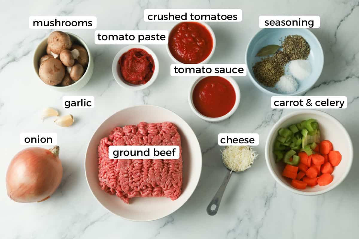 Ingredients for ground beef pasta sauce.