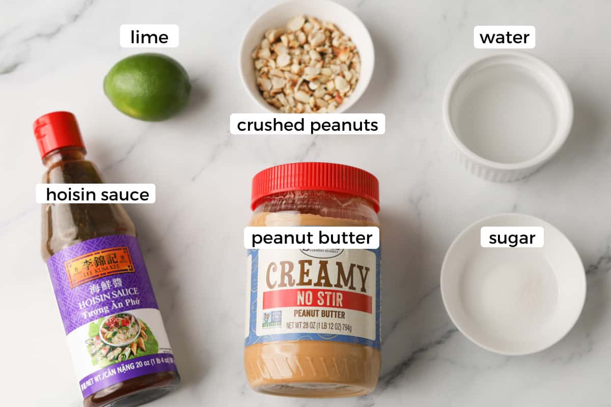 Ingredients; hoisin sauce, peanut butter, lime, crushed peanuts, water and sugar.