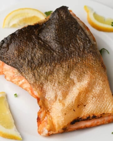 Cooked salmon with skin.