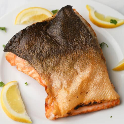 Cooked salmon with skin.