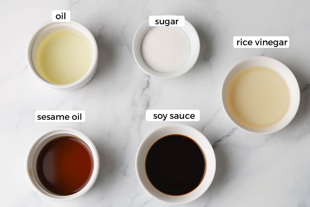 Ingredients: oil, sugar, vinegar, sesame oil and soy sauce.
