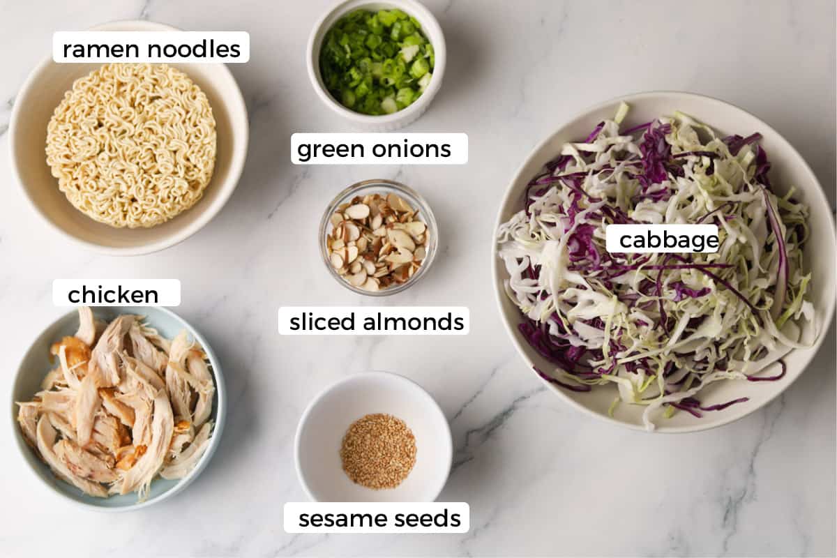 Ingredients: cabbage, ramen noodles, green onions, almonds, sesame seeds, chicken