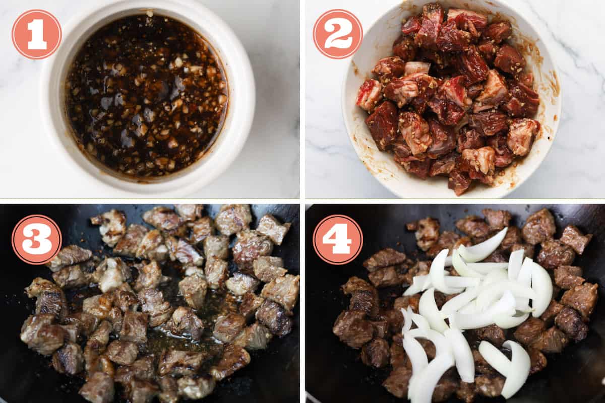 Step by step photos of how to make bo luc lac.