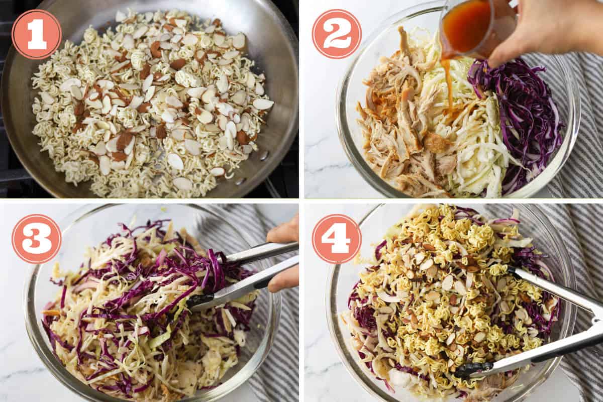steps on how to make a chicken salad with ramen noodles.
