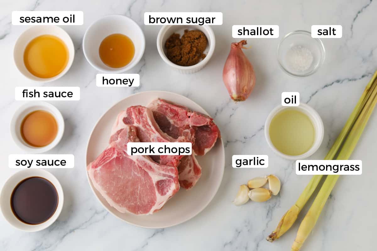 Ingredients to make lemongrass pork chops and marinade.