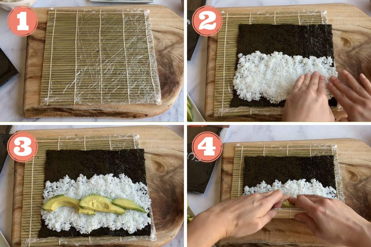 Steps on how to make avocado maki roll.