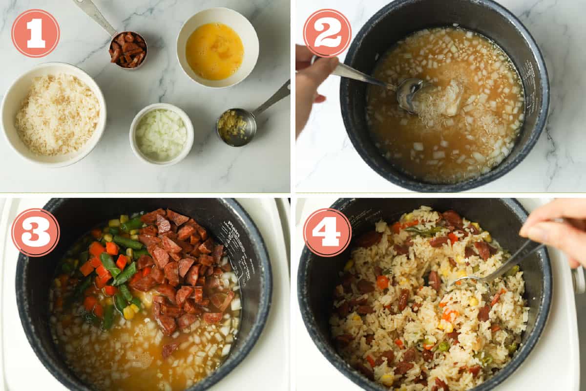 Step by step pictures on how to make fried rice in the rice cooker.