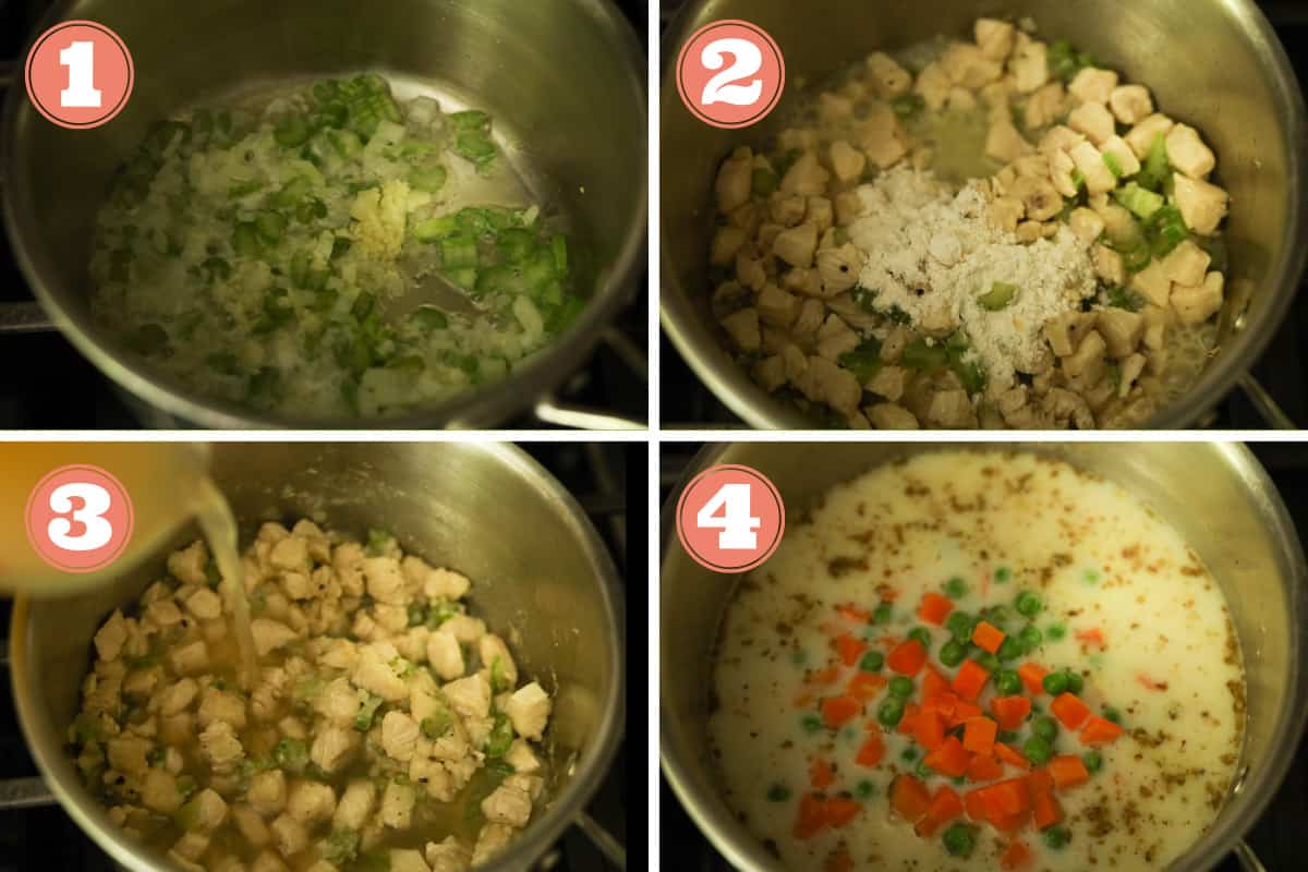 Steps on how to make filling for chicken pot pie.