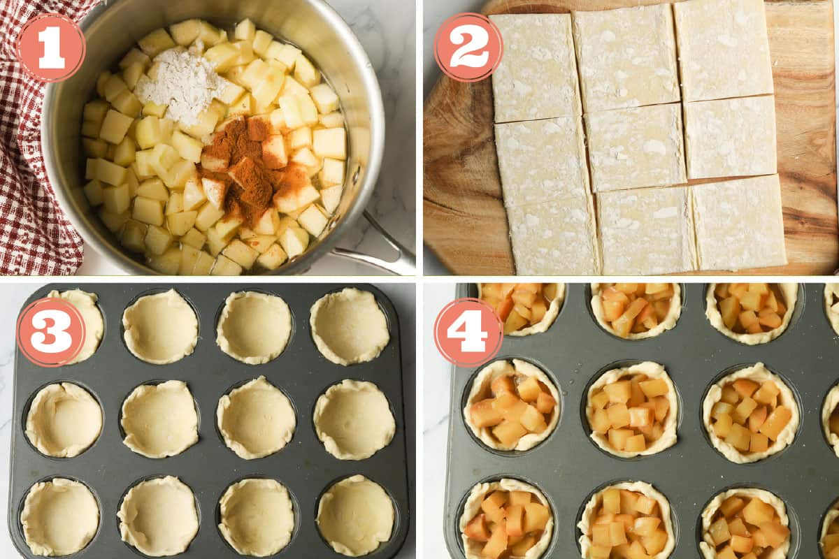 Steps on how to make mini apple pie in muffin tin.