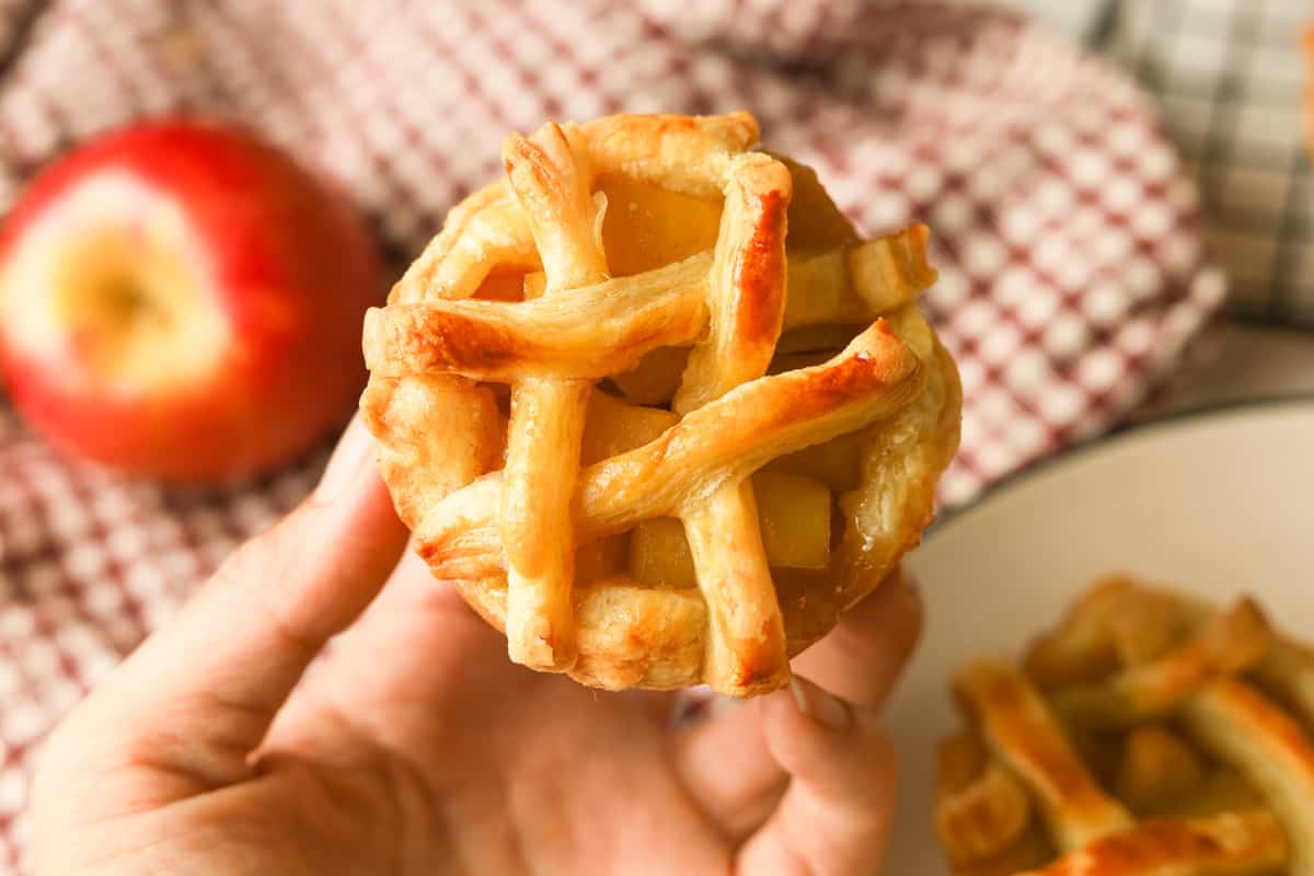 Hand holding a mini apple pie with lattice top.
