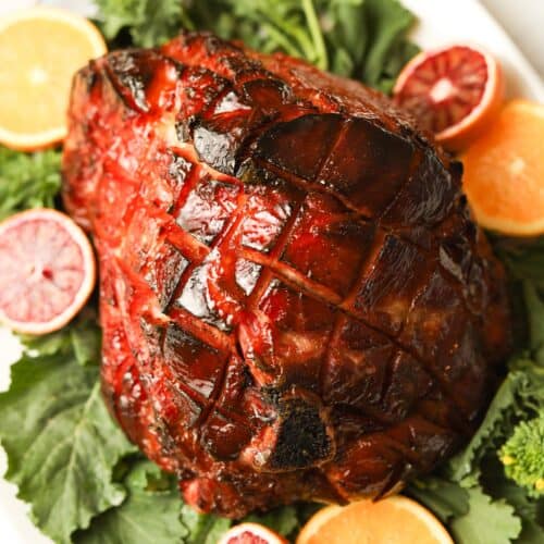 Baked whole ham with glaze.