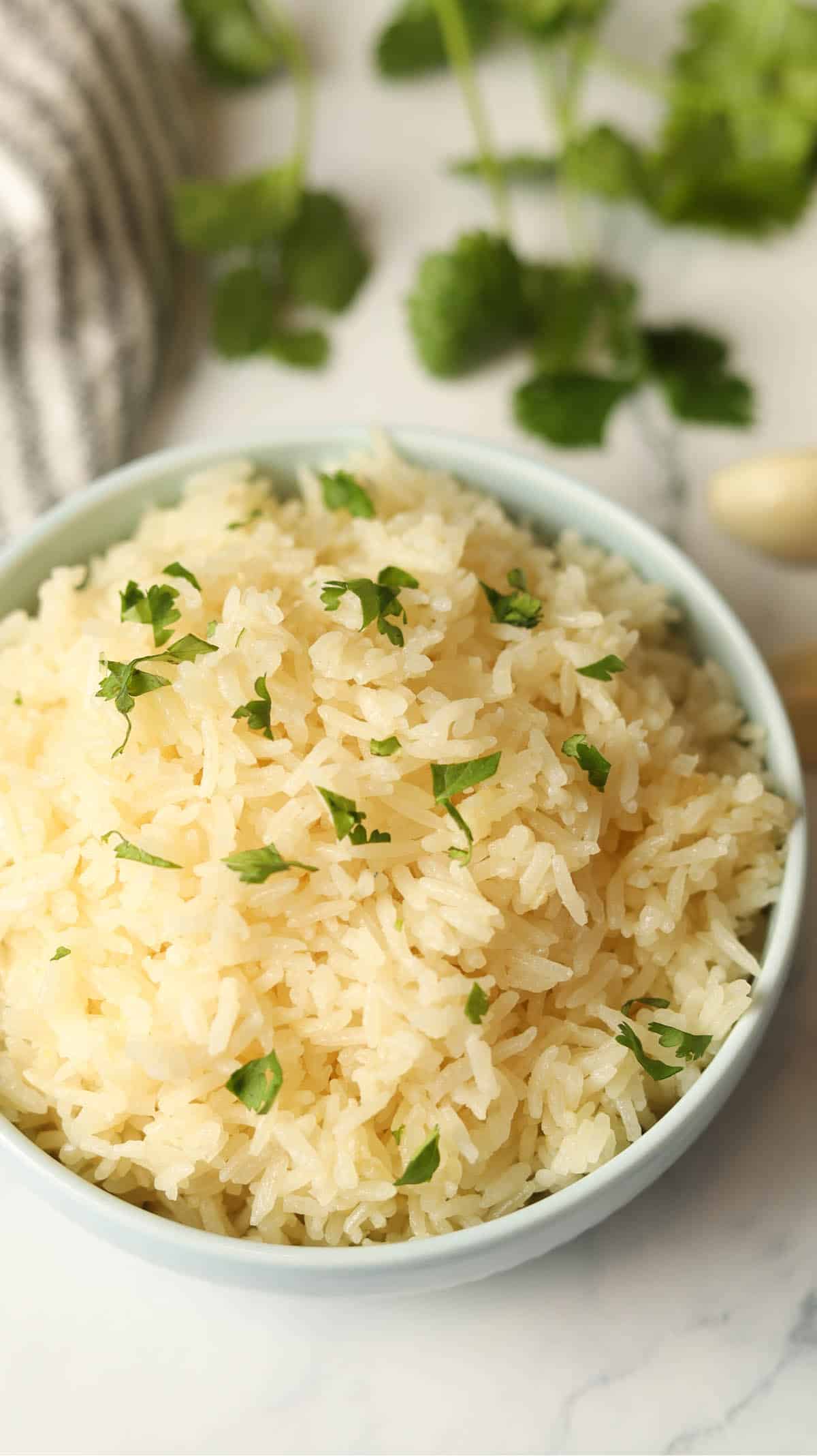 Cooked white rice in bowl with cilantro garnish.