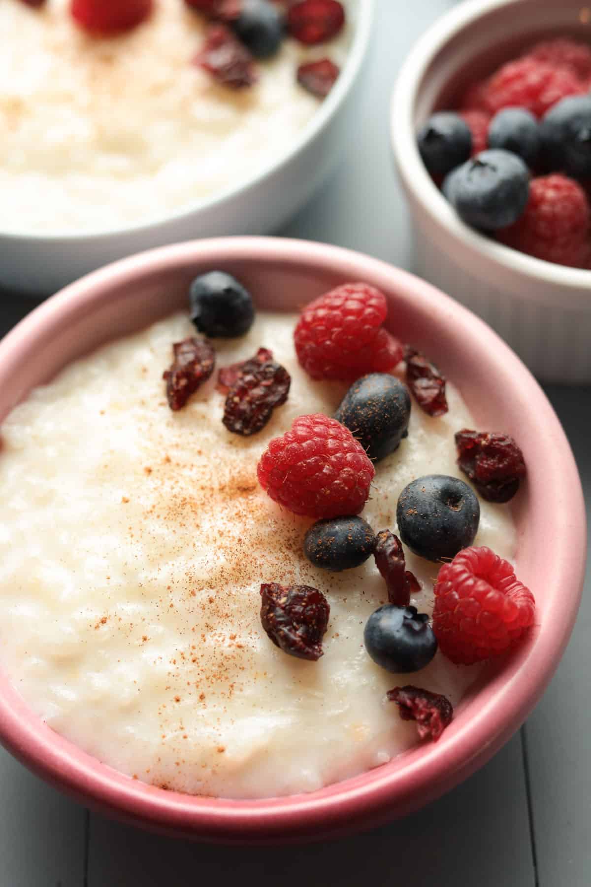 Rice pudding bowl with fruit topping.