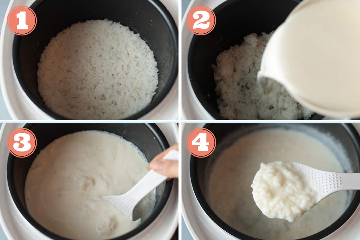 Steps to make rice cooker rice pudding.