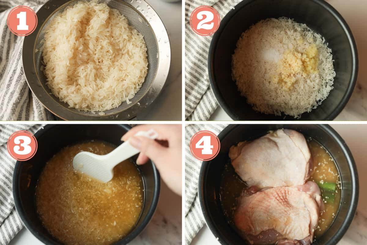 Pictures of how to make rice cooker chicken and rice.