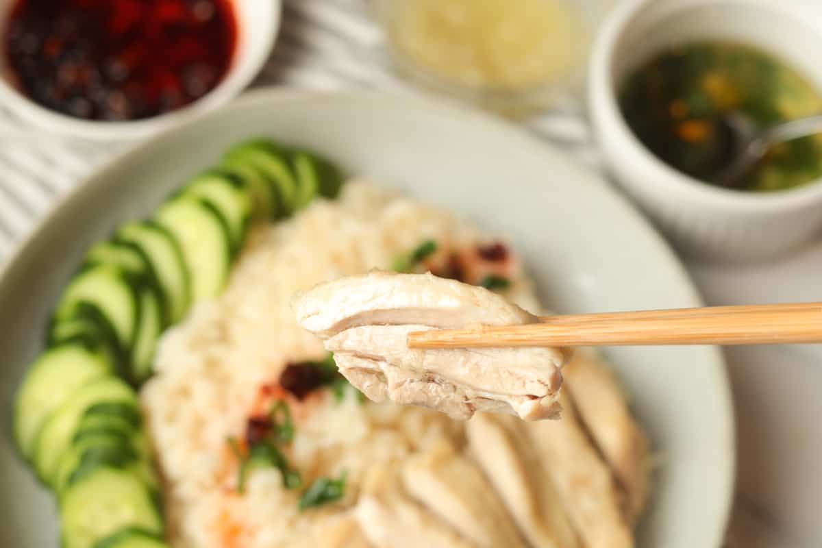 Chopsticks holding a piece of chicken with background of rice and chicken plate garnished with chili scallion oil with side of sliced cucumbers.