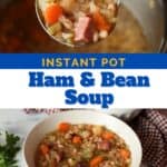 white bean and ham soup in a ladle. White bean, ham and vegetable soup in bowl.