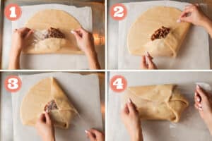 Images to show how to fold pie dough over brie wheel.