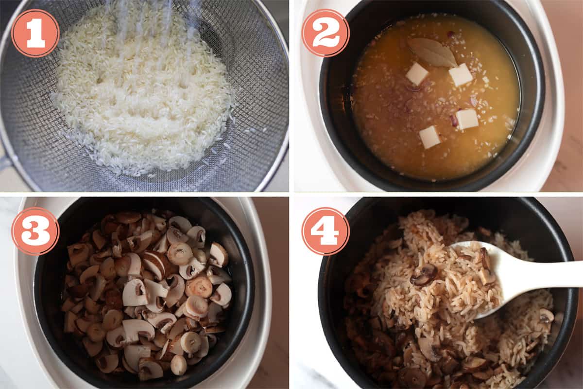 Step by step pictures on how to make rice cooker mushroom rice.