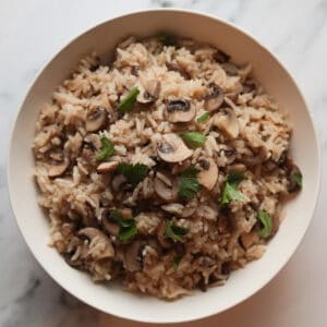 Bowl of rice and mushroom pilaf.