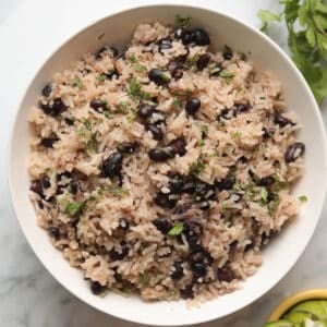Bowl of rice and black beans garnished with cilantro.