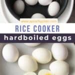 Eggs in rice cooker pot. Hard boiled eggs on a plate.