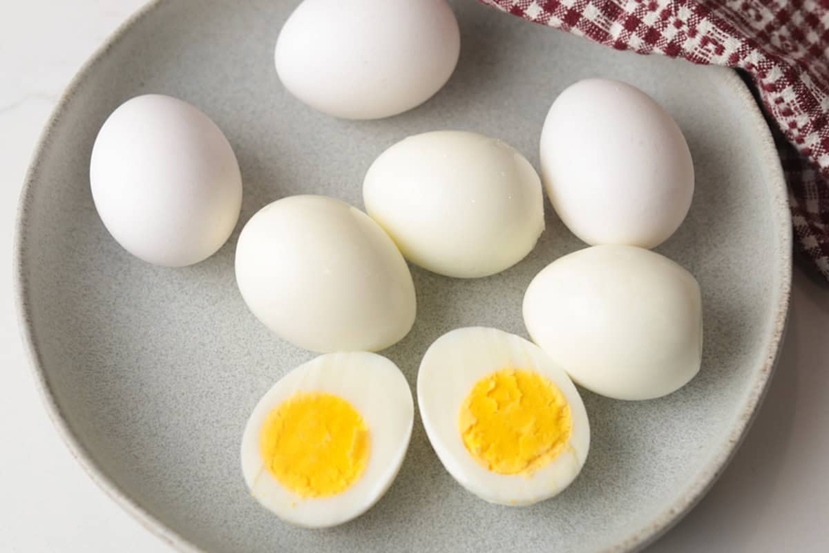 Hardboiled eggs on a plate.
