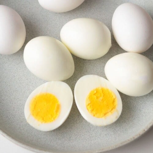 hard boiled eggs on a plate.