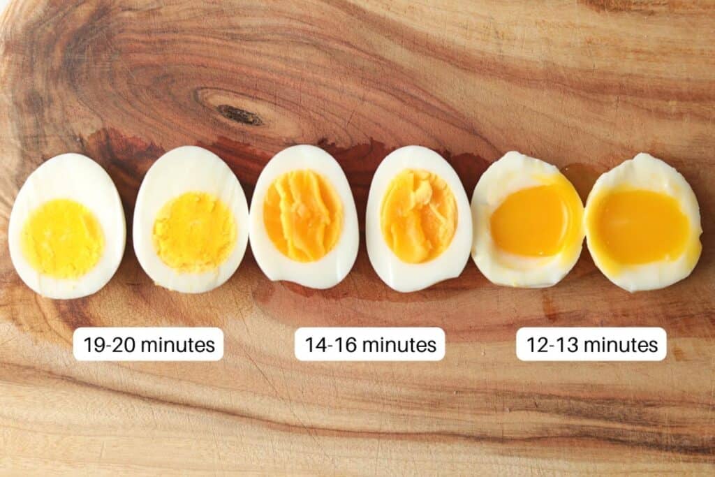 Hard boiled eggs cooking time with cut open egg examples.