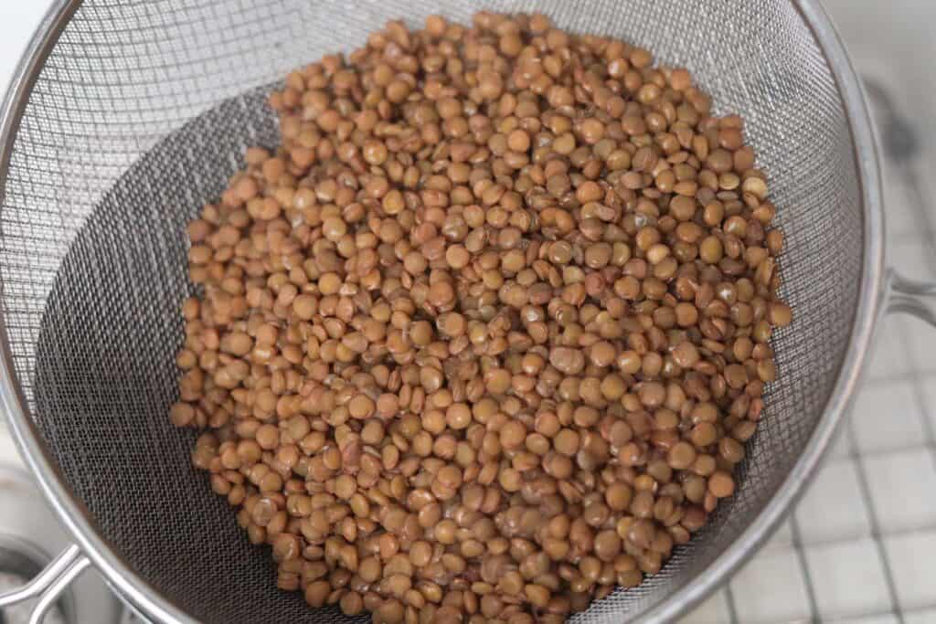 Drained rice cooke lentils.