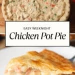 Chicken pot pie filling in a pie crust. Slice of chicken pot pie.