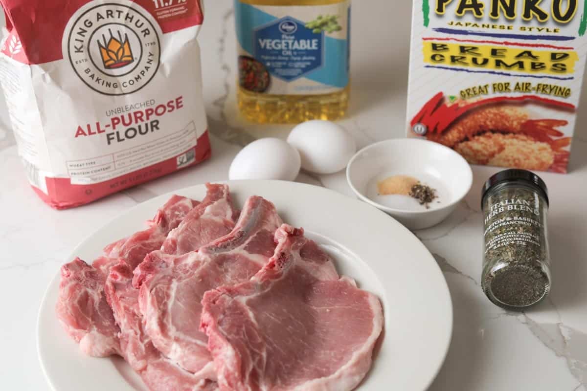 flour, eggs, seasoning, pork chops , oil and panko.