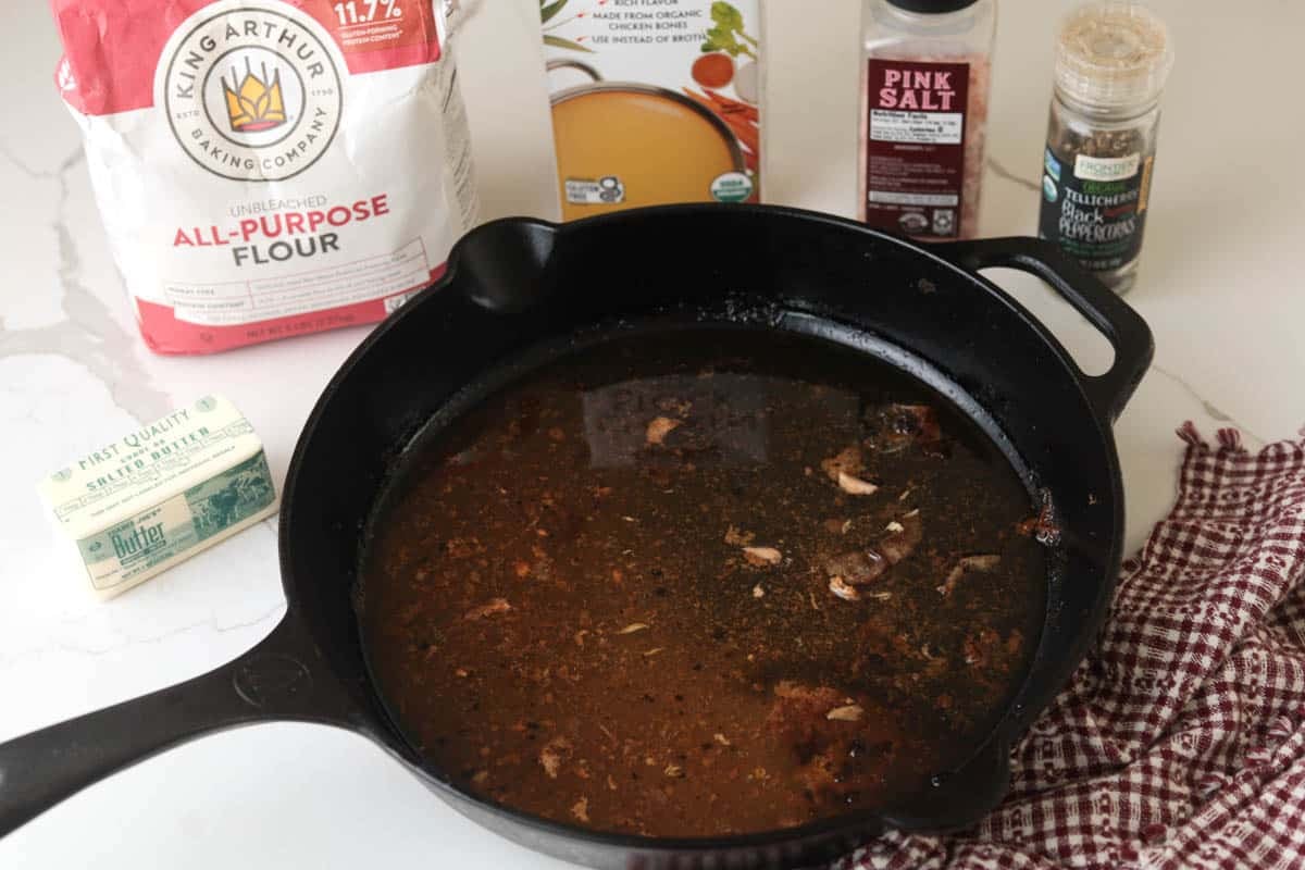 chicken pan drippings, chicken stock, flour, butter, salt and pepper.