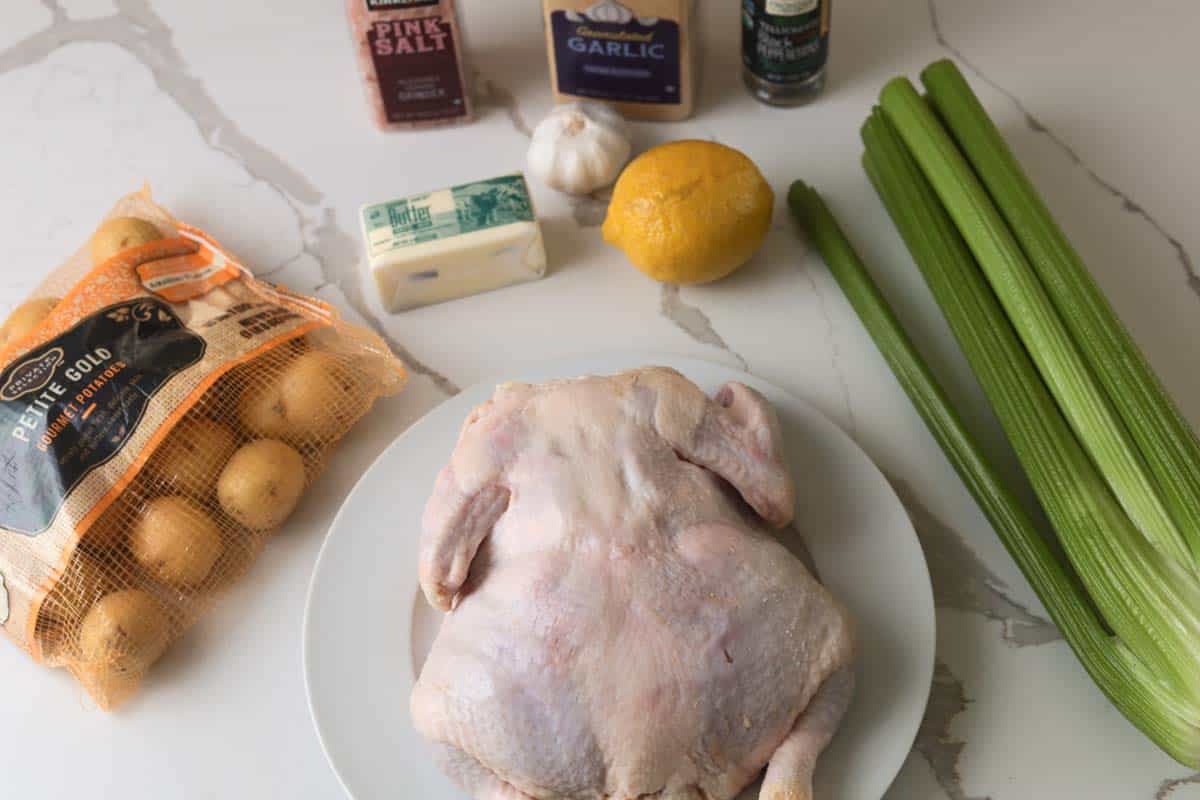 Whole chicken, mini potatoes, celery, butter, salt, pepper, garlic powder, lemon, garlic
