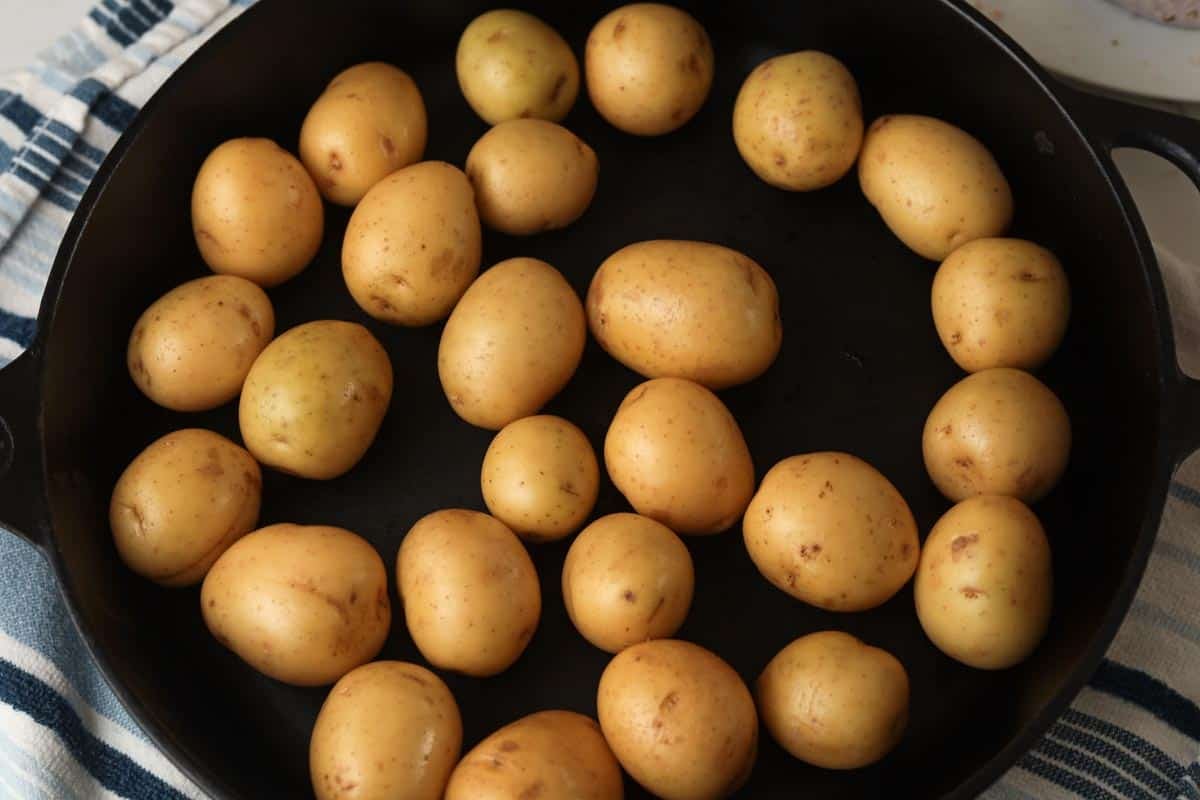 mini potatoes in cast iron skillet