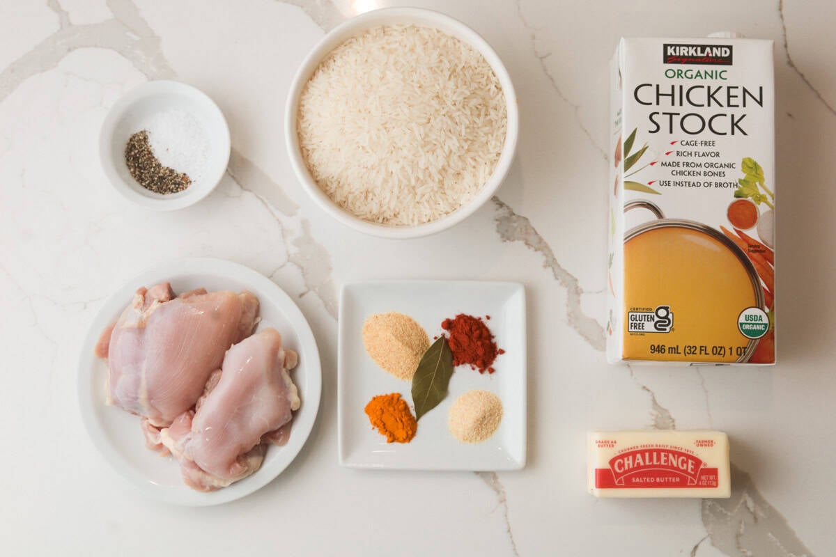 Ingredients: chicken, seasoning, butter, chicken stock, rice.