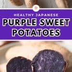 Potatoes on cooling rack. Roasted purple potatoes cut in half.