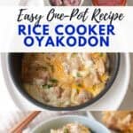 Ingredients for oyakodon. Rice eggs and chicken in rice cooker pot. Rice and chicken bowl.