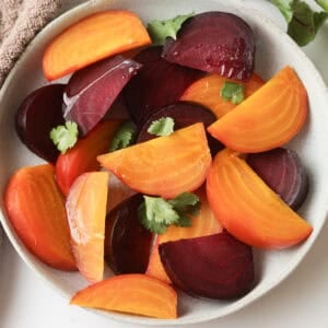 Cut up beets in a bowl.