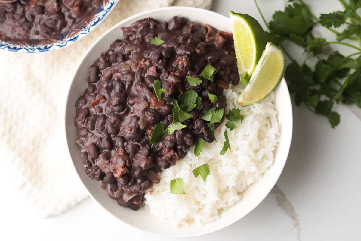 Cooked canned black beans with rice.