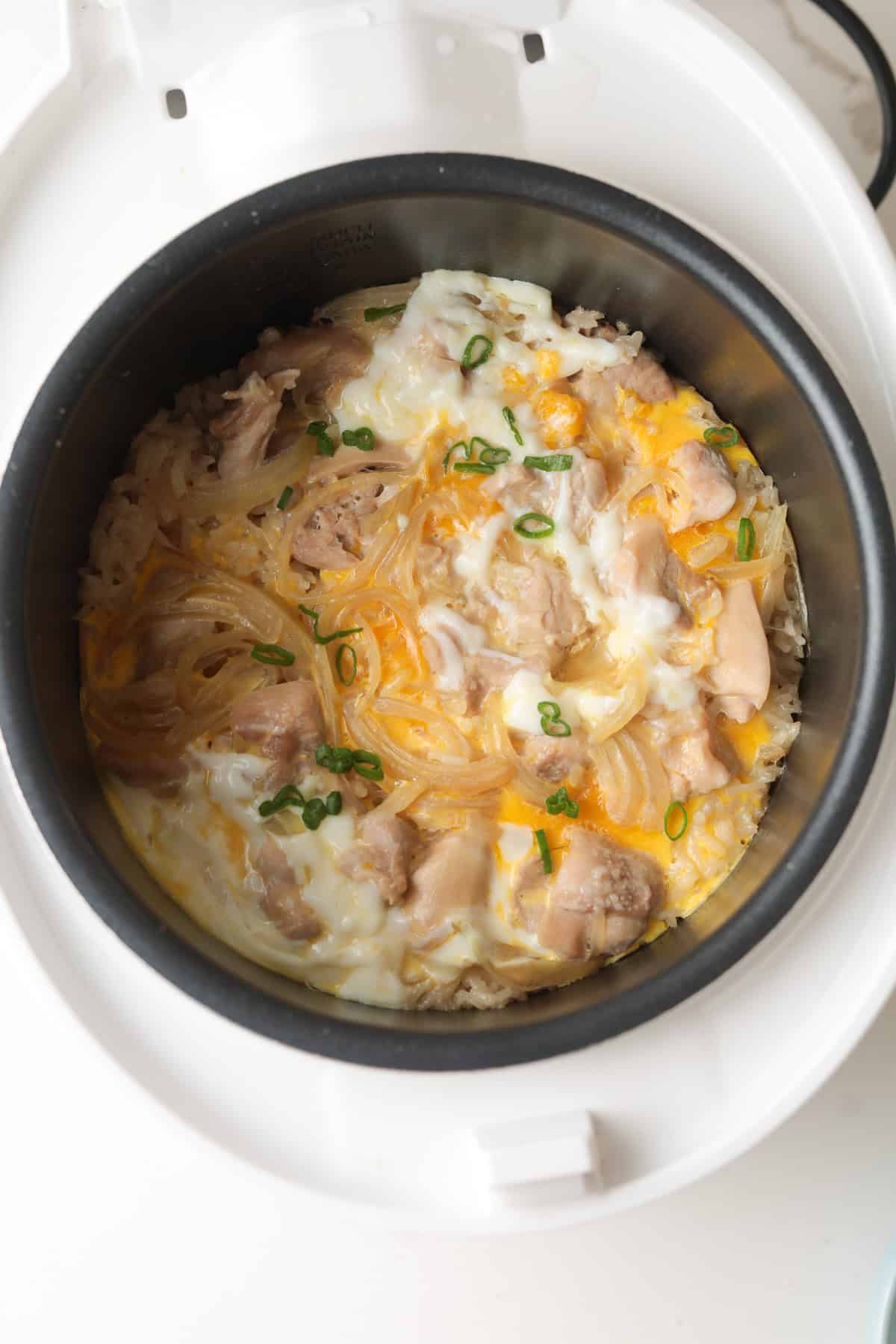 Rice cooker oyakodon in pot.