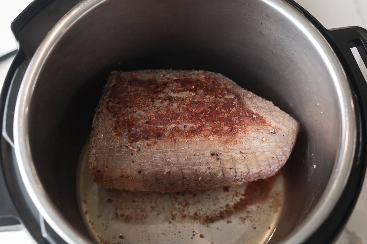 Seared eye of round roast in instant pot.
