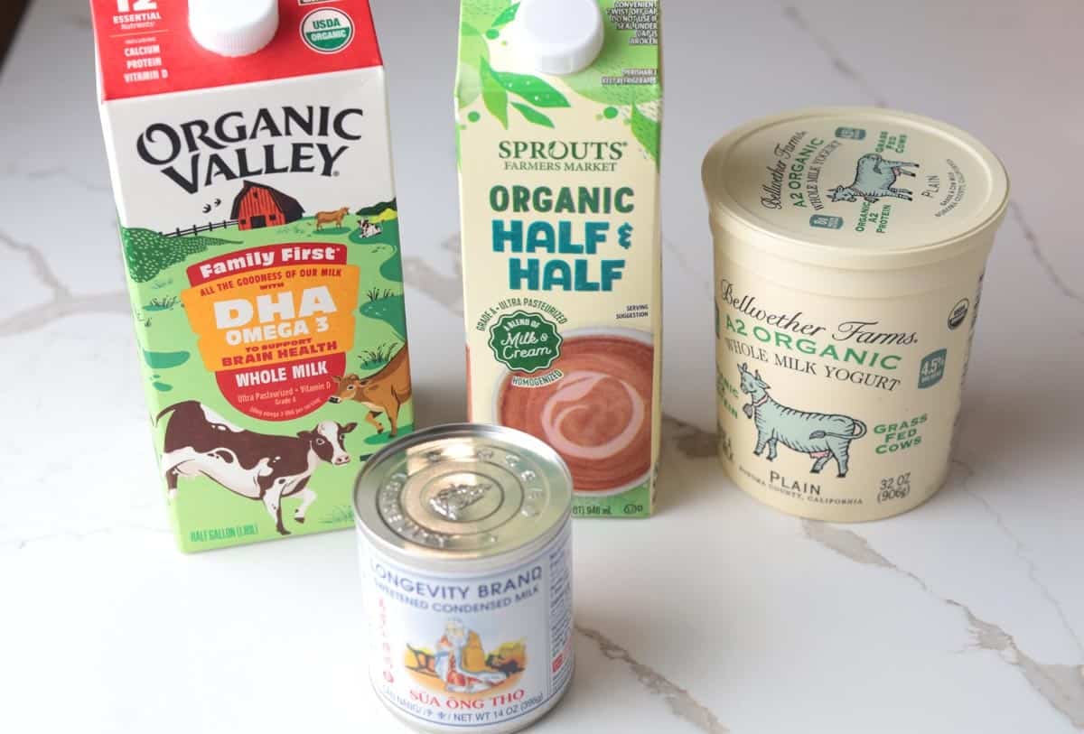 milk, half and half, yogurt, condensed milk