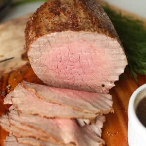 Eye of round roast sliced.