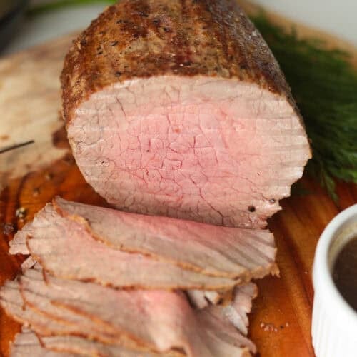 Eye of round roast sliced.