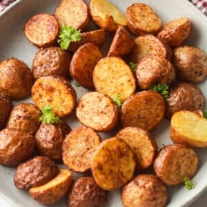 Roasted halfed mini potatoes.