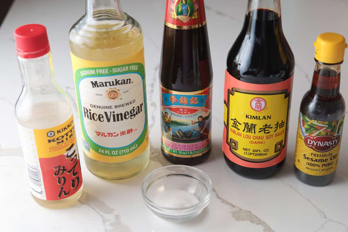 Ingrediens; mirin, rice wine vinegar, sugar, oyster sauce, dark soy sauce, sesame oil.